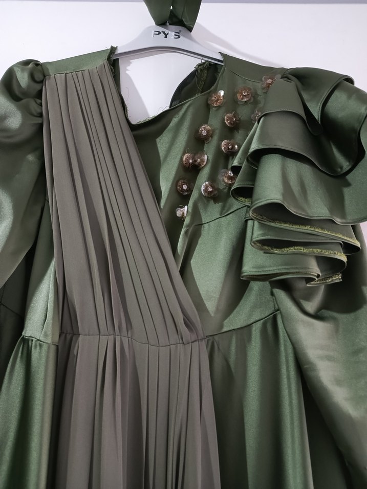 Kadın Haki Uzun Drapeli Abiye Elbise - Görsel 2