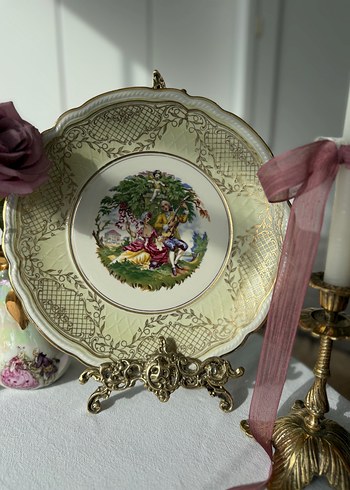 Antika damgalı Vintage Nakışlı Altın Renkli Tabak - Görsel 12