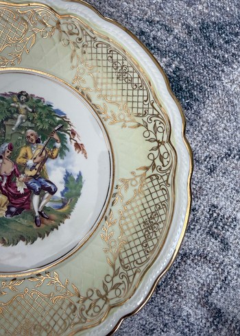 Antika damgalı Vintage Nakışlı Altın Renkli Tabak - Görsel 8