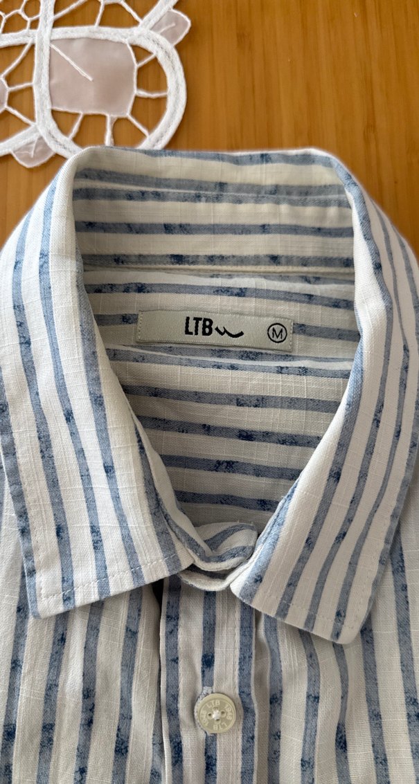 Erkek Keten Çizgili Kısa Kollu Gömlek - Görsel 2