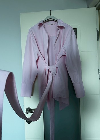 m Beden Touche Pembe Kuşaklı Kadın Denim Gömlek