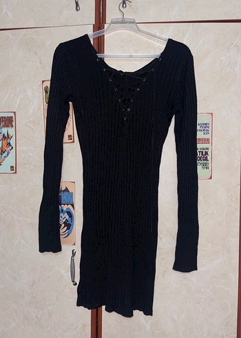 Siyah V Yaka Uzun Kollu Triko Elbise / tunik - Görsel 2