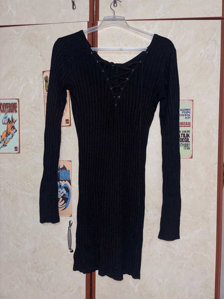 Siyah V Yaka Uzun Kollu Triko Elbise / tunik - Görsel 2