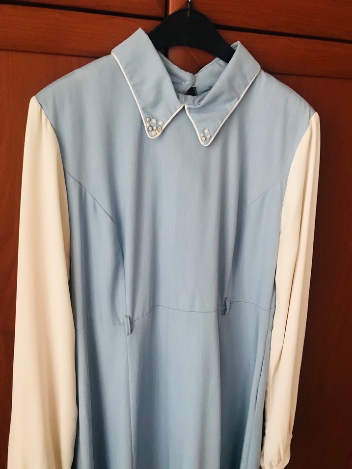 Mavi Uzun Kollu Drapeli Kadın Elbise - Görsel 5