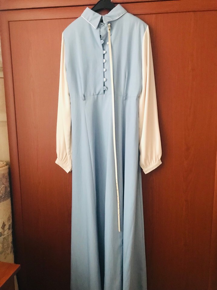 Mavi Uzun Kollu Drapeli Kadın Elbise - Görsel 4