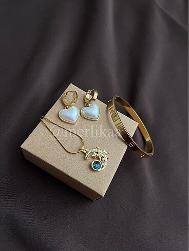 İnci Kalpli Küpe+Cartier Bileklik+Taşlı Kolye