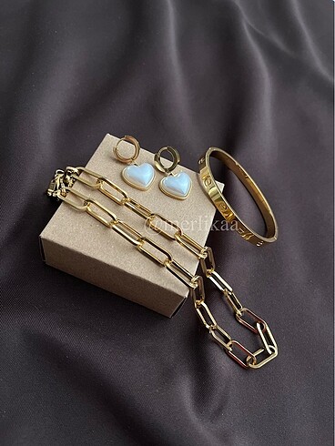 İnci Kalpli Küpe + Cartier Bilezik + Zincir Kolye