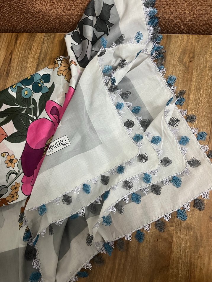 Çiçek Desenli Gri Bohem yazma - Görsel 2