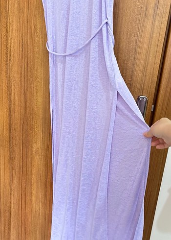 Kolsuz Uzun Lila renk plaj Elbisesi - Görsel 3