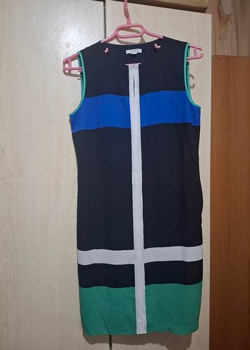 Kemerli, V Yaka, Renkli Midi Kadın Elbise - Görsel 4