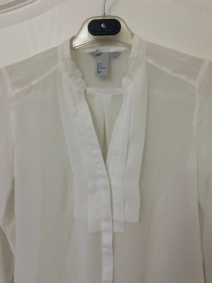 Beyaz Hakim Yaka Uzun Kollu Transparan Tül Gömlek - Görsel 2