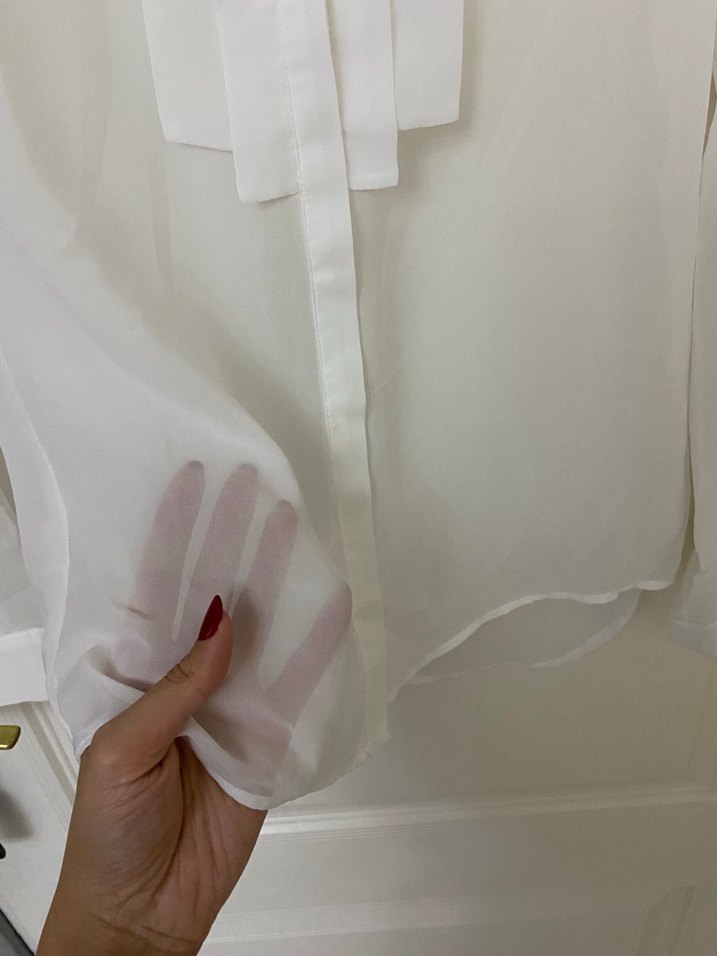 Beyaz Hakim Yaka Uzun Kollu Transparan Tül Gömlek - Görsel 5