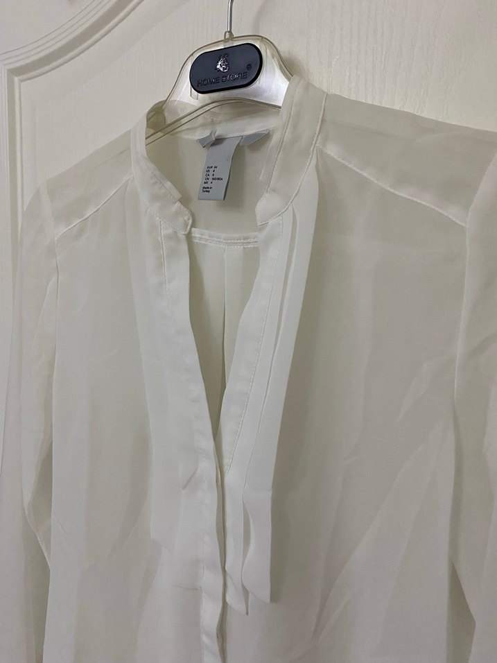 Beyaz Hakim Yaka Uzun Kollu Transparan Tül Gömlek - Görsel 3