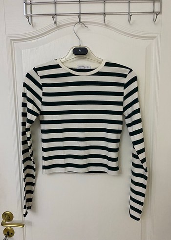 Kadın Çizgili Uzun Kollu Crop Top