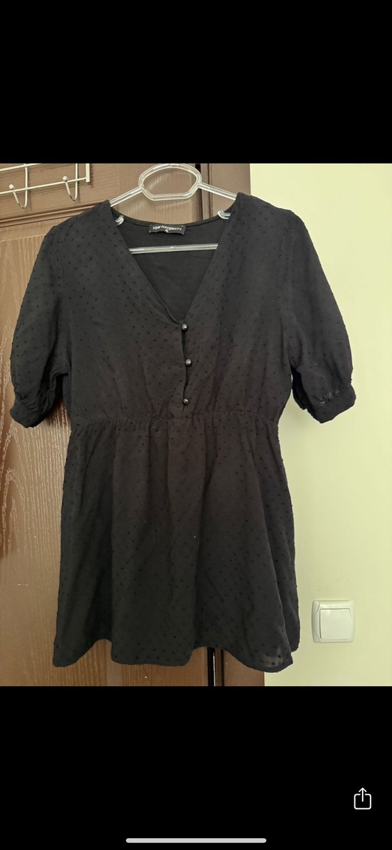 Düğmeli V Yaka Siyah puantiyeli lastikli fistolu gömlek  Bluz - Görsel 2