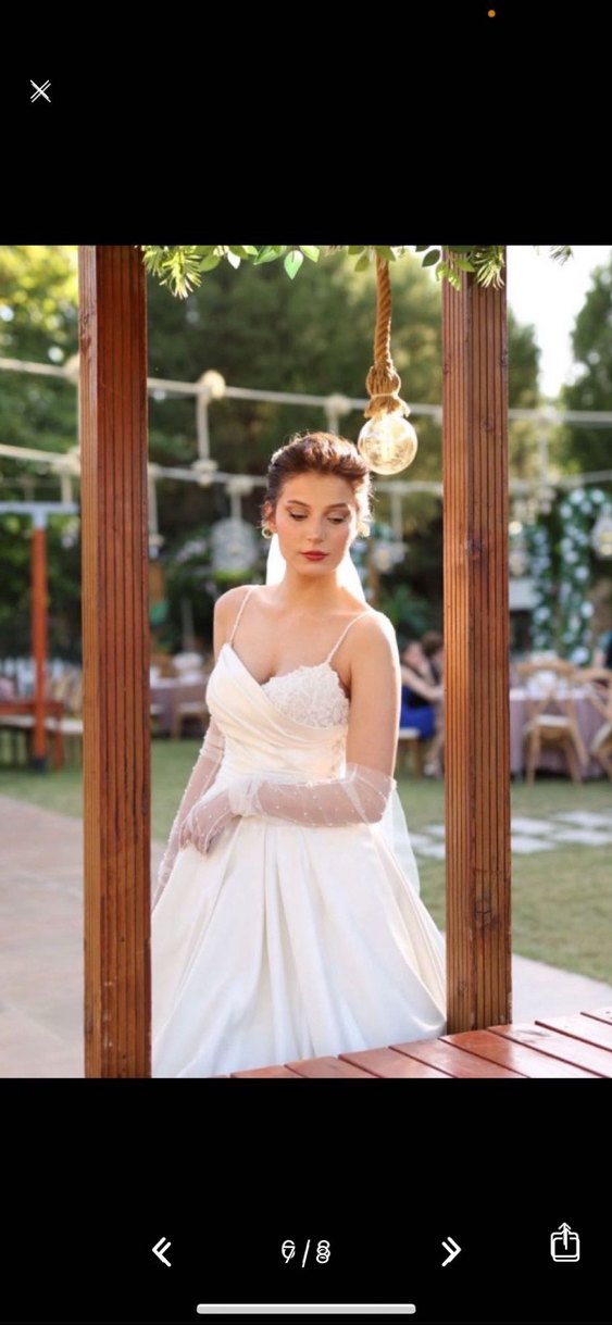 Askılı Modern Klasik vintage dantelli eldivenli Gelinlik - Görsel 3