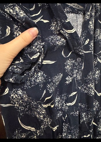 Düğmeli V Yakalı Lacivert Kadın Elbise pamuklu diz üstü midi - Görsel 2