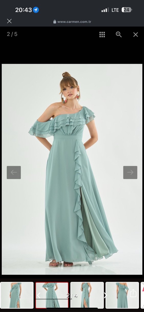 Askısız Uzun Abiye tek omuz kayık yaka fırfırlı yırtmaçl - Görsel 3