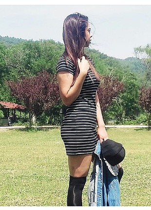s Beden siyah Renk Çizgili günlük elbise