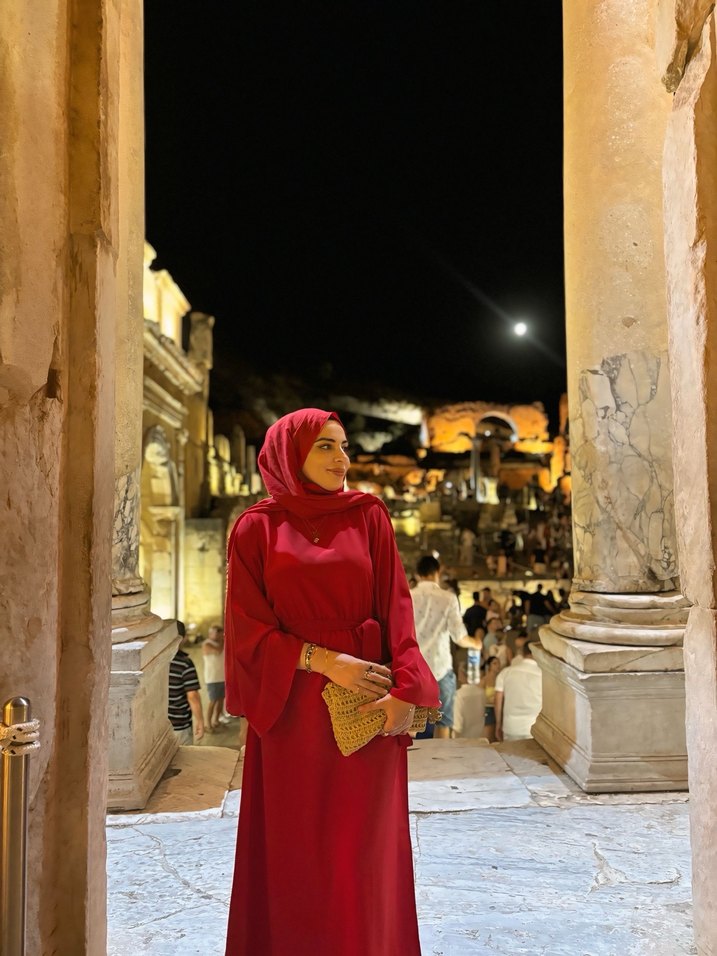 Uzun, Koyu Kırmızı, Drapeli Kadın Elbisesi - Görsel 2