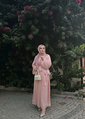 Pudra Pembe Uzun Drapeli Kadın Elbise - Görsel 3
