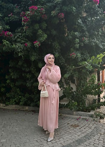 Pudra Pembe Uzun Drapeli Kadın Elbise - Görsel 2