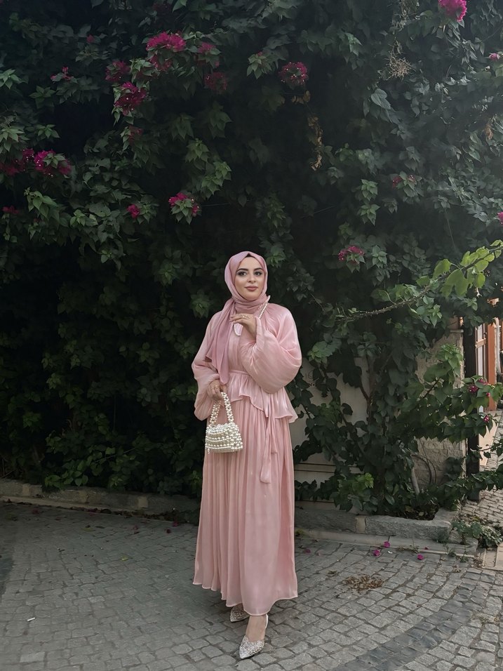 Pudra Pembe Uzun Drapeli Kadın Elbise - Görsel 3