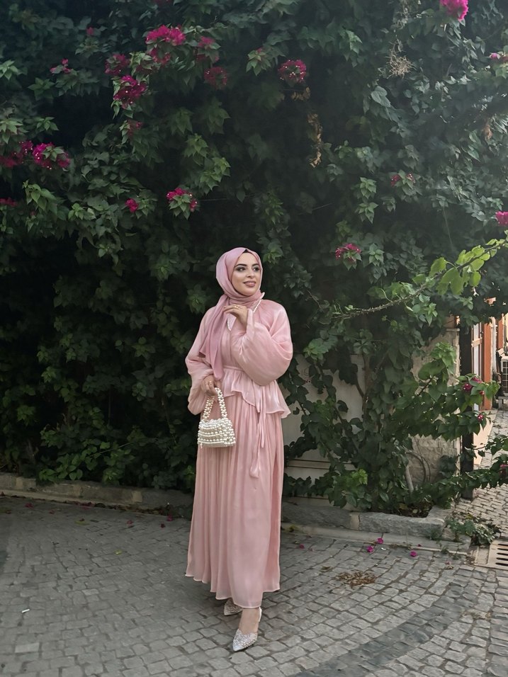 Pudra Pembe Uzun Drapeli Kadın Elbise - Görsel 2