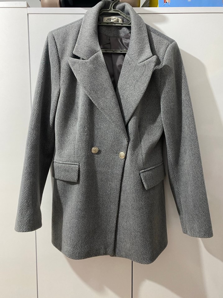 Gri Kadın Düğmeli Yün Ceket - Görsel 2