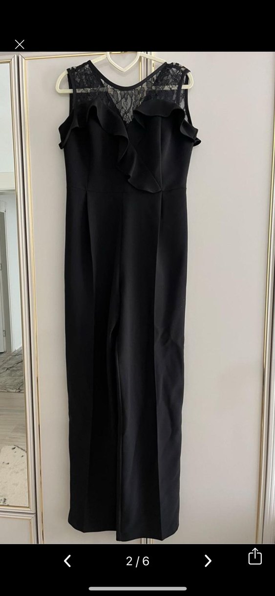 Siyah Dantelli Fırfırlı Uzun Abiye Elbise - Görsel 2