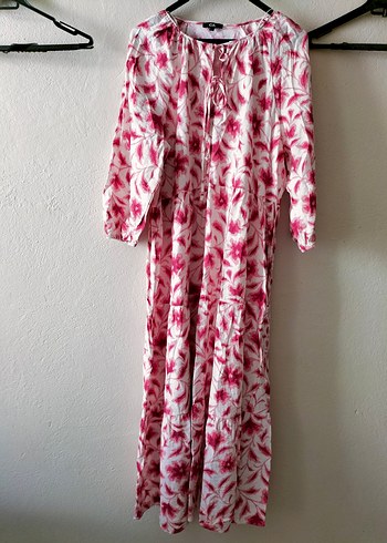 Pembe çiçek Desenli Uzun Bohem Elbise