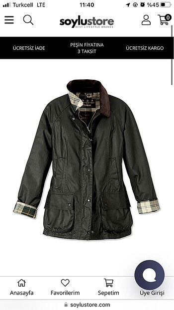 34 Beden haki Renk Barbour Beadnell Yağlı Ceket