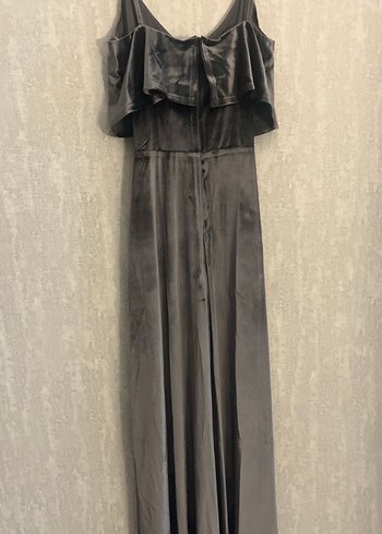 Adl Gri kadife Kuşaklı Uzun Askılı Elbise - Görsel 5