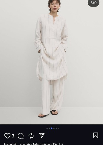 l Beden beyaz Renk massimo dutti Beyaz Çizgili V Yaka Keten Uzun tunik