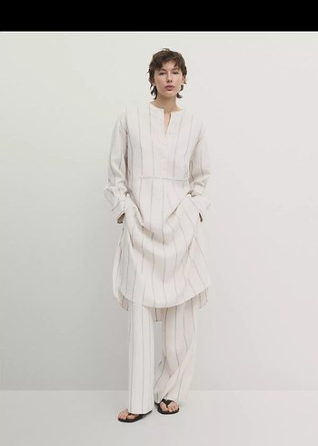 massimo dutti Beyaz Çizgili V Yaka Keten Uzun tunik