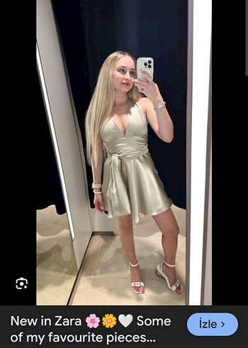 zara bej Drapeli Mini V Yaka Elbise - Görsel 2