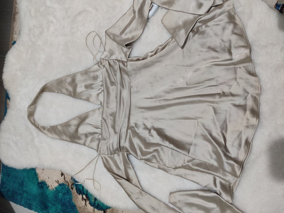 zara bej Drapeli Mini V Yaka Elbise - Görsel 5