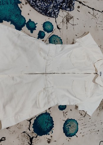 bershka Beyaz Keten Kısa Kollu Tulum