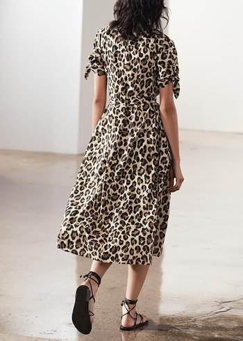 Zara zara leopar Desenli Kahverengi Midi Elbise