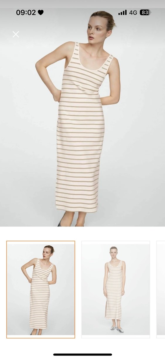 Bej Çizgili Uzun Askılı Triko Elbise - Görsel 3