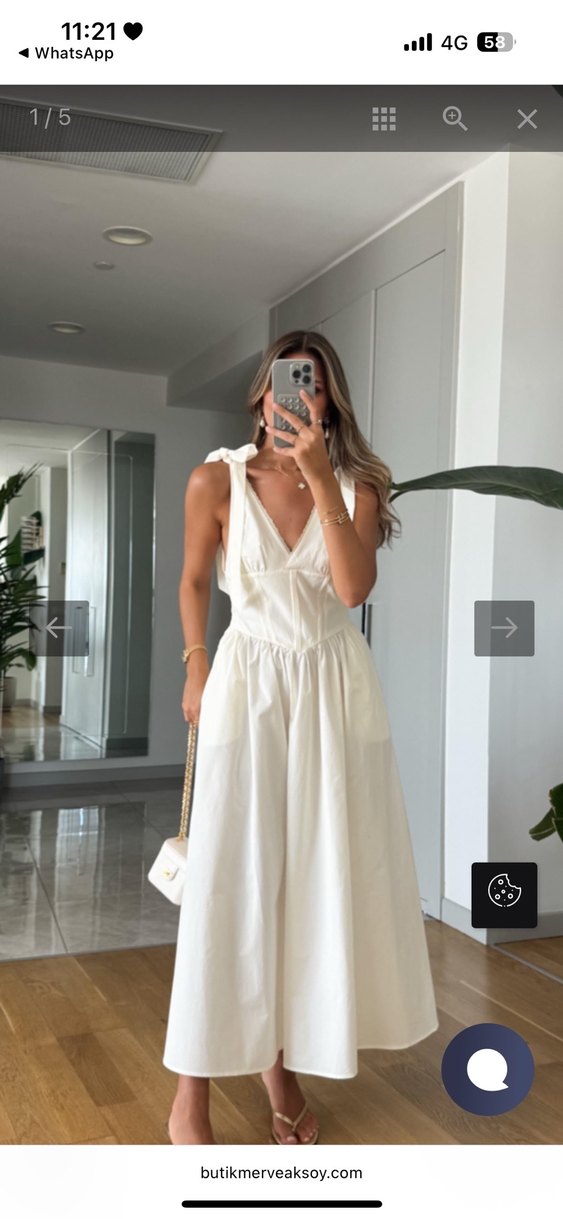 Beyaz Drapeli Uzun Pamuklu Straplez Elbise - Görsel 2