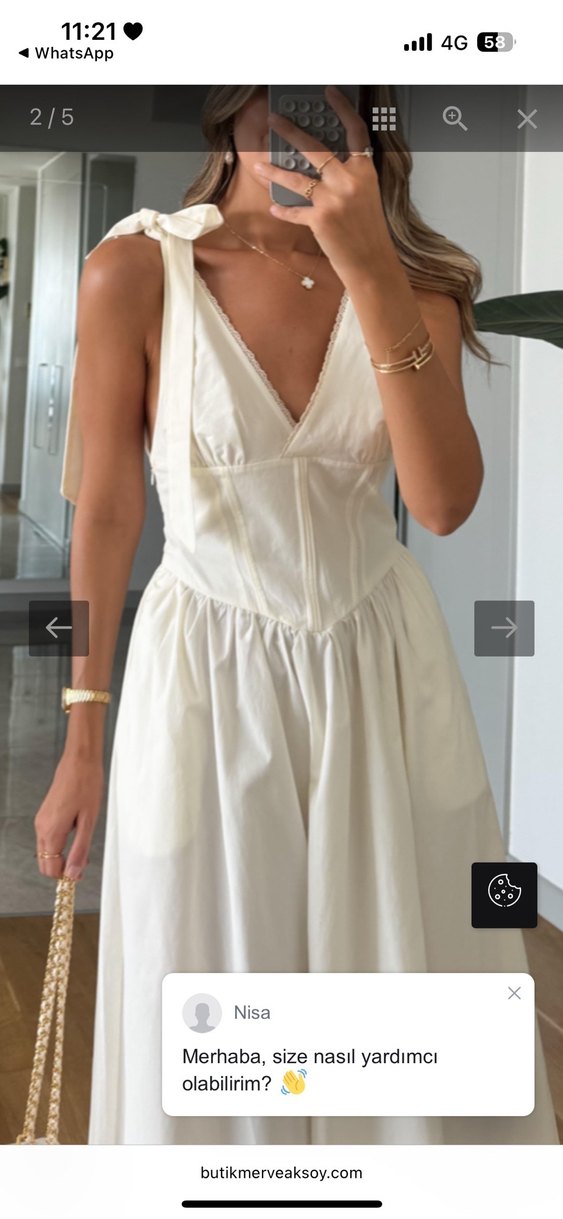 Beyaz Drapeli Uzun Pamuklu Straplez Elbise - Görsel 3