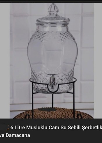 6 Litre Musluklu Cam Su Sebili Siyah Standlı