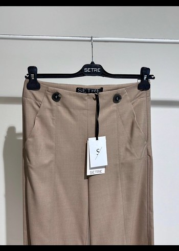 Düğmeli Bej Kadın Kumaş Pantolon - Görsel 3