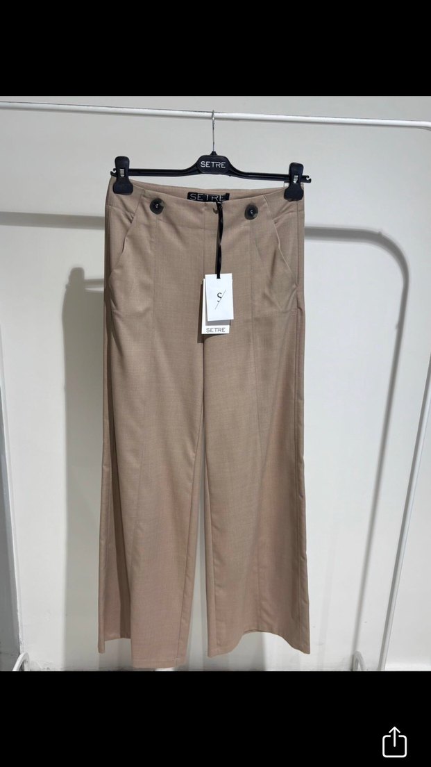 Düğmeli Bej Kadın Kumaş Pantolon - Görsel 2