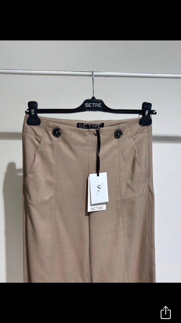 Düğmeli Bej Kadın Kumaş Pantolon - Görsel 3