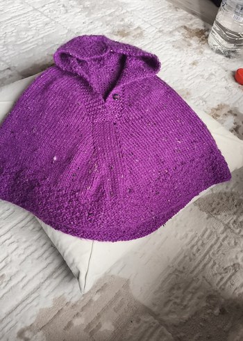 Kız Çocuk Mor Kapüşonlu Örgü Panço - Görsel 3