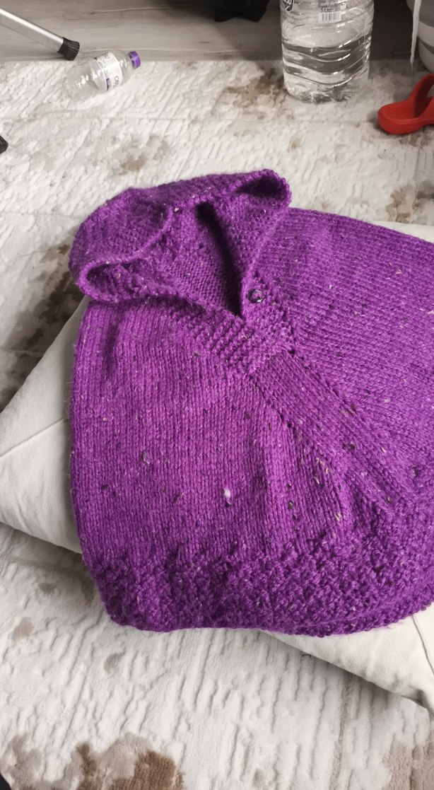 Kız Çocuk Mor Kapüşonlu Örgü Panço - Görsel 2