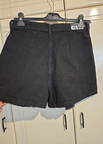 l Beden Kadın Siyah Mini Pileli Denim Şort Etek