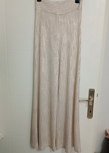 Bej Pliseli Keten Kadın Pantolon